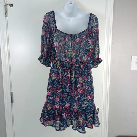 Trixxi Dress Womens Large Floral Square Neck Puff Sleeve Ruffle Boho Chiffon - Picture 9 of 16